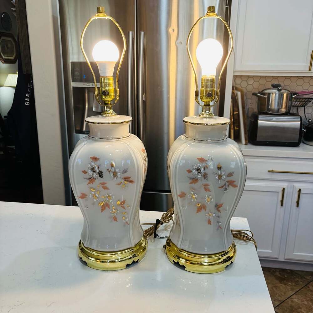 Pair of Vintage Hand Painted Floral Porcelain Ginger Jar Table Lamps with Brass